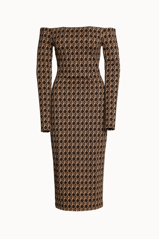 Brown Patterned Jersey Off-Shoulder Dress