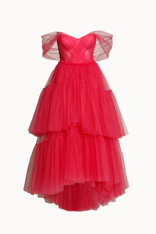 Hot Pink Corseted Tulle Evening Dress