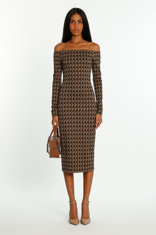 Brown Patterned Jersey Off-Shoulder Dress