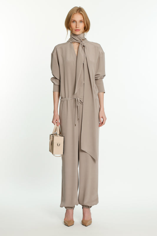 Warm Grey Silk Crepe Marocaine Jumpsuit
