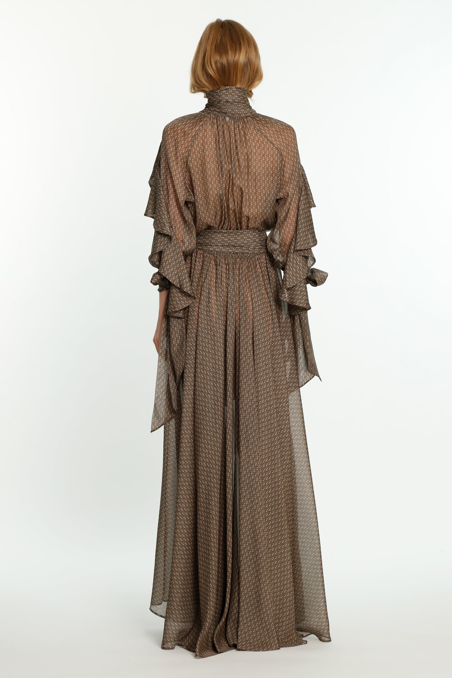 Brown Patterned Ruffle Dress