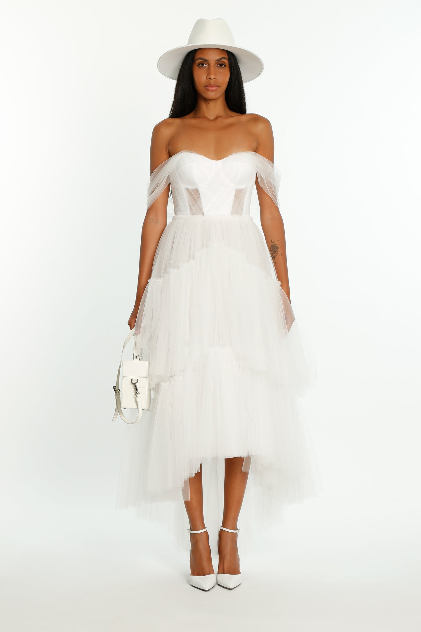 White Corseted Tulle Evening Dress