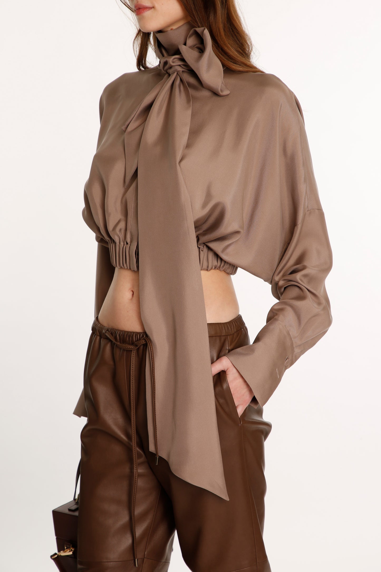 Taupe Silk Twill Cropped Tie-neck Blouse
