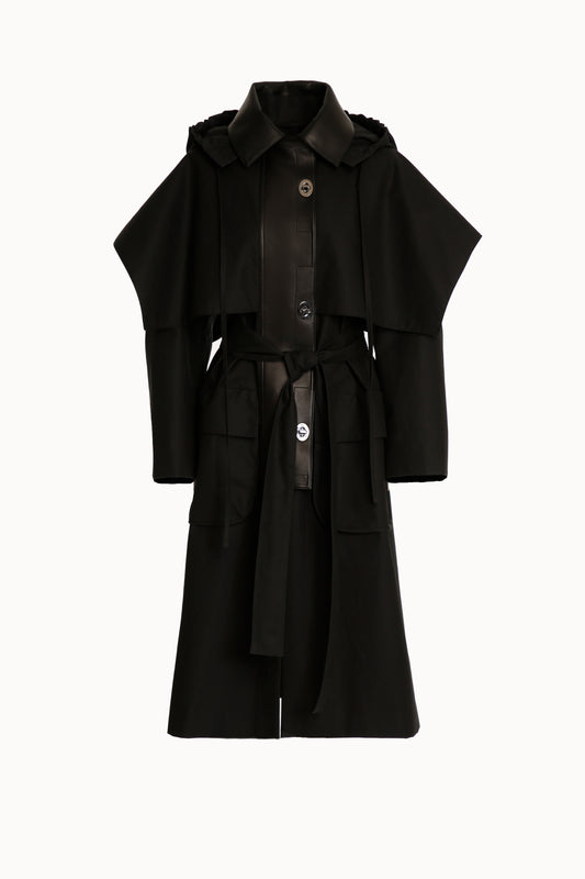 Black Waxed Cotton Cape Trench Coat