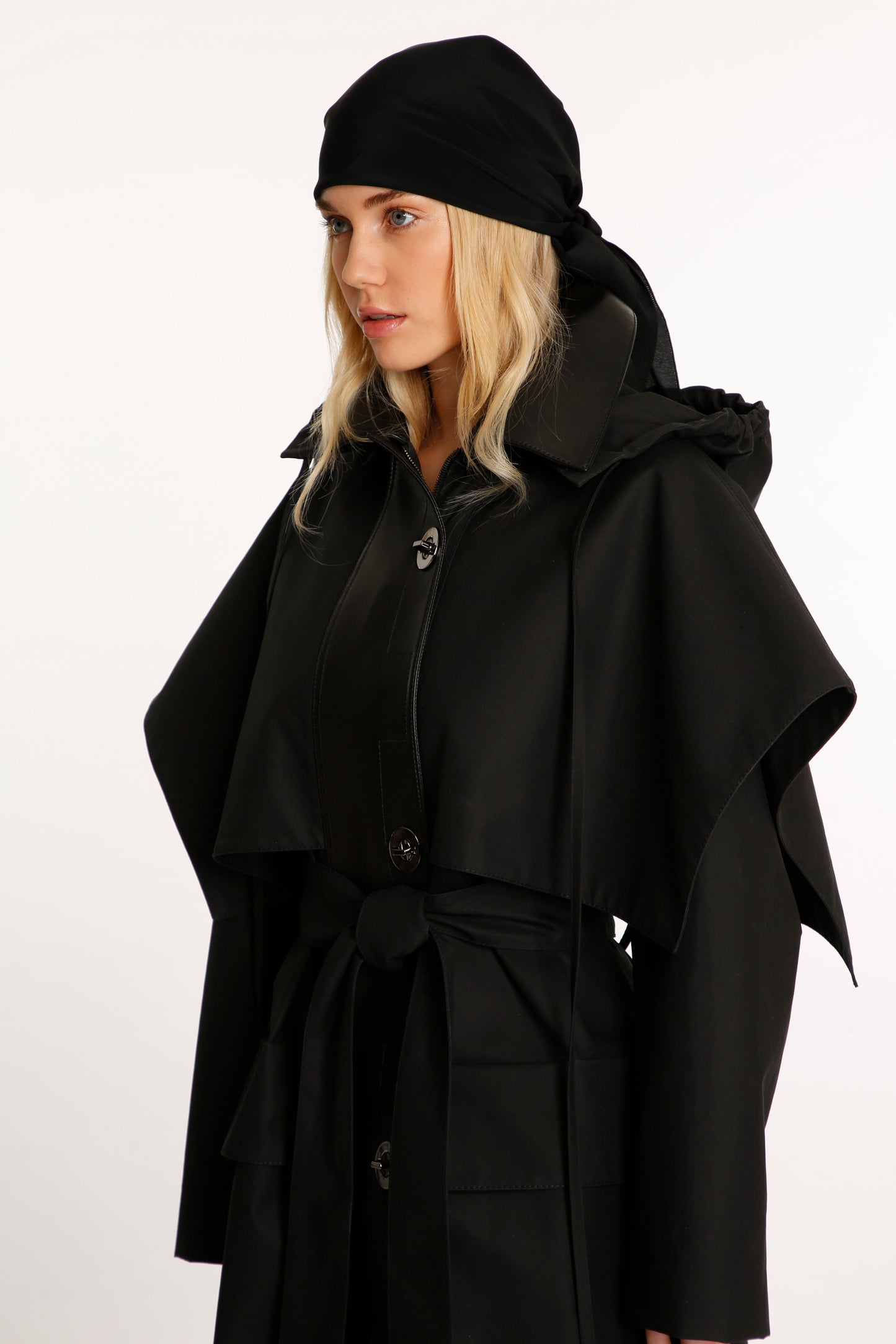 Black Waxed Cotton Cape Trench Coat