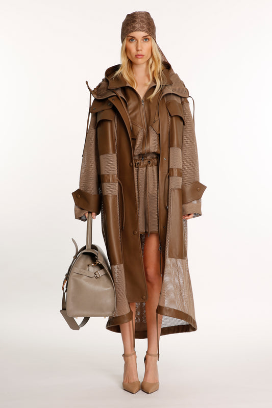 Brown Leather Mesh Parka