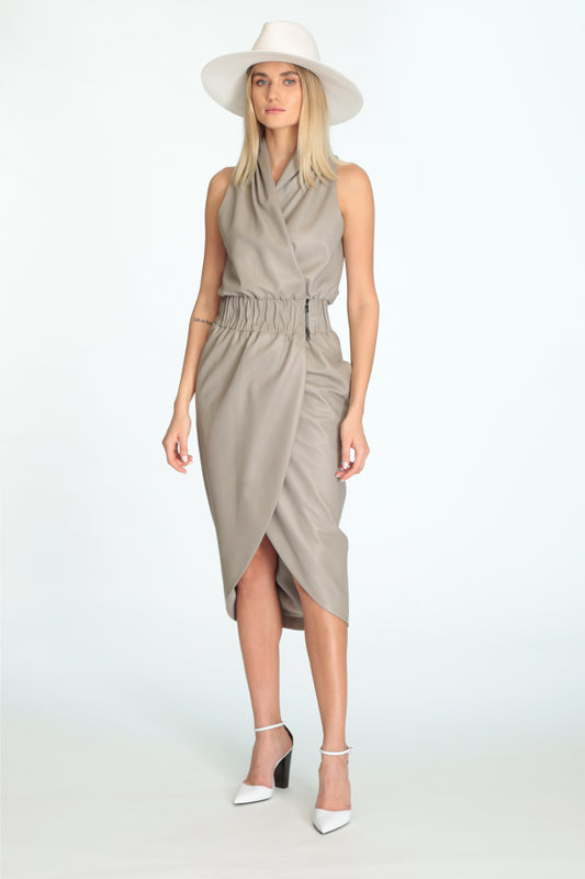 Asymmetric Leather Wrap Dress