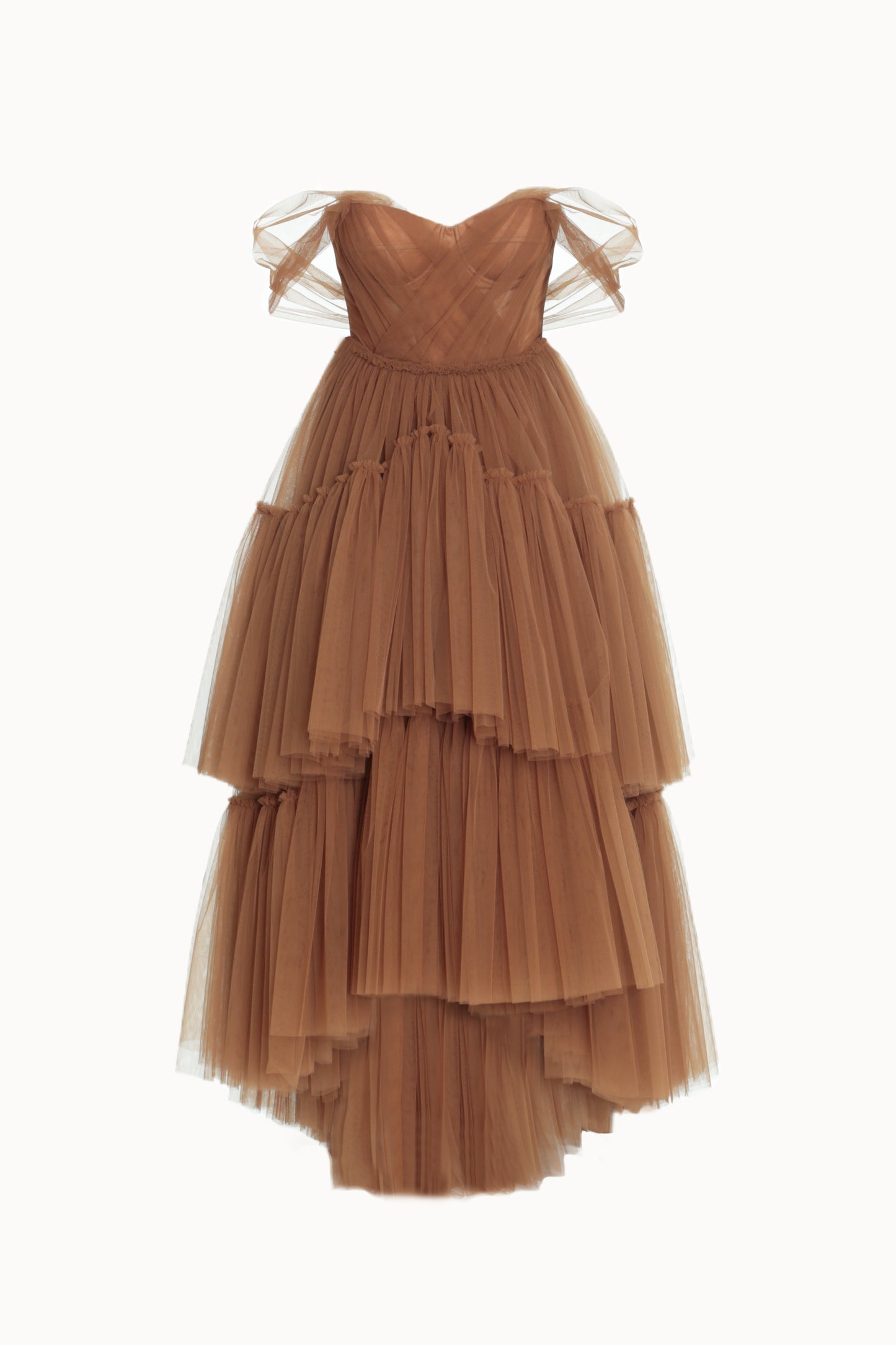 Tobacco Corseted Tulle Evening Dress
