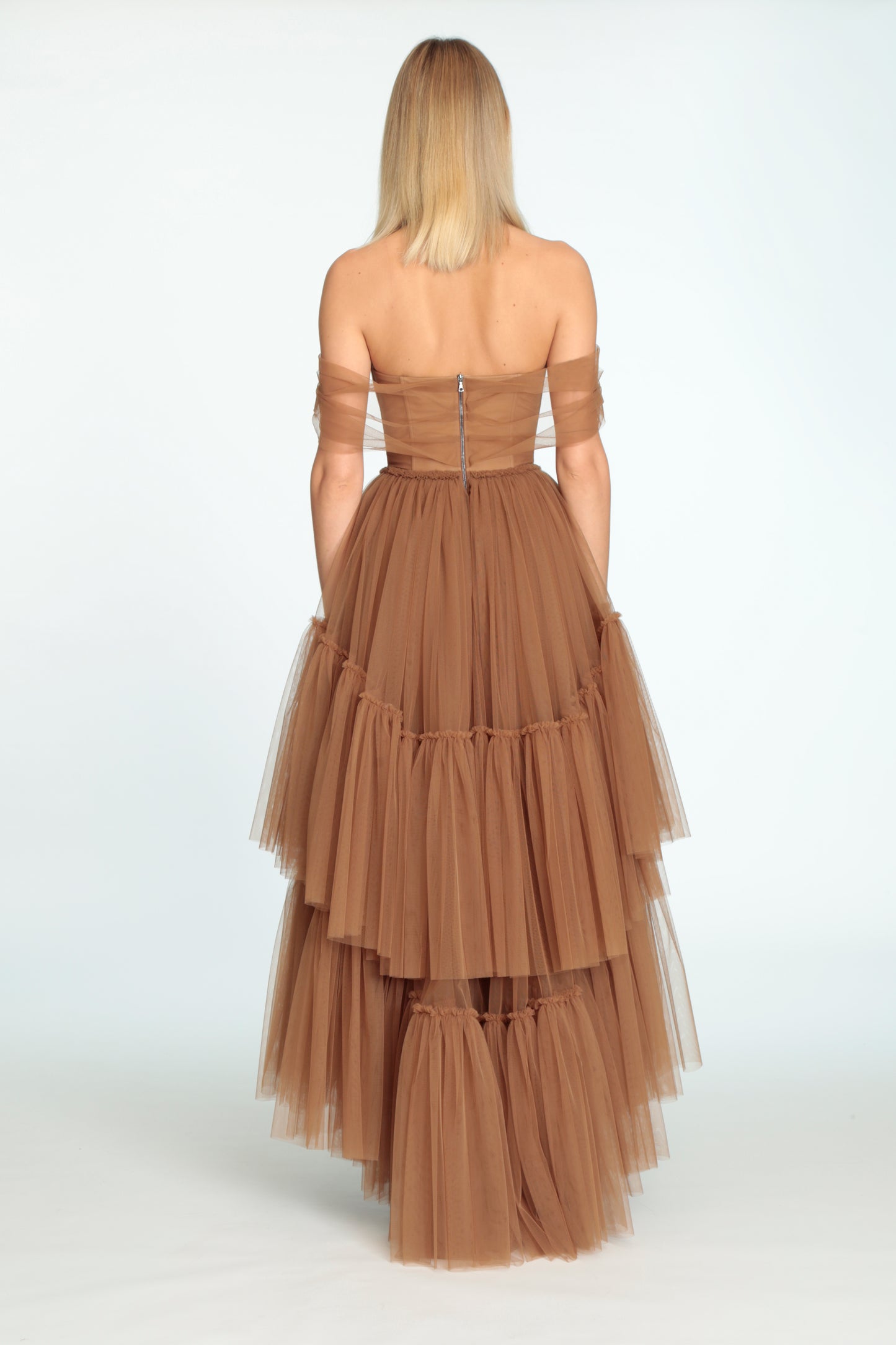 Tobacco Corseted Tulle Evening Dress