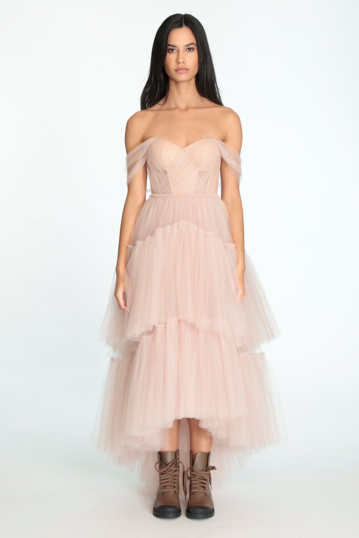 Powder Pink Corseted Tulle Evening Dress