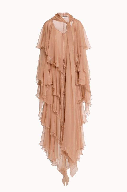 Nude Chiffon Ruffle Evening Maxi Dress
