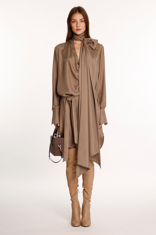 Taupe Silk Twill Draped Scarf Dress