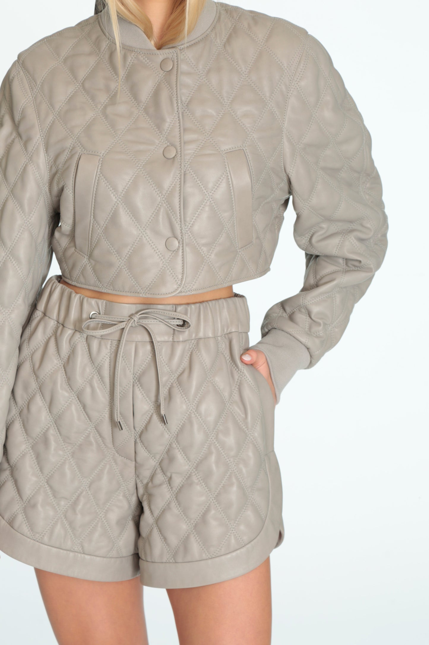 Pale Grey Quilted Leather Bomber Jacket