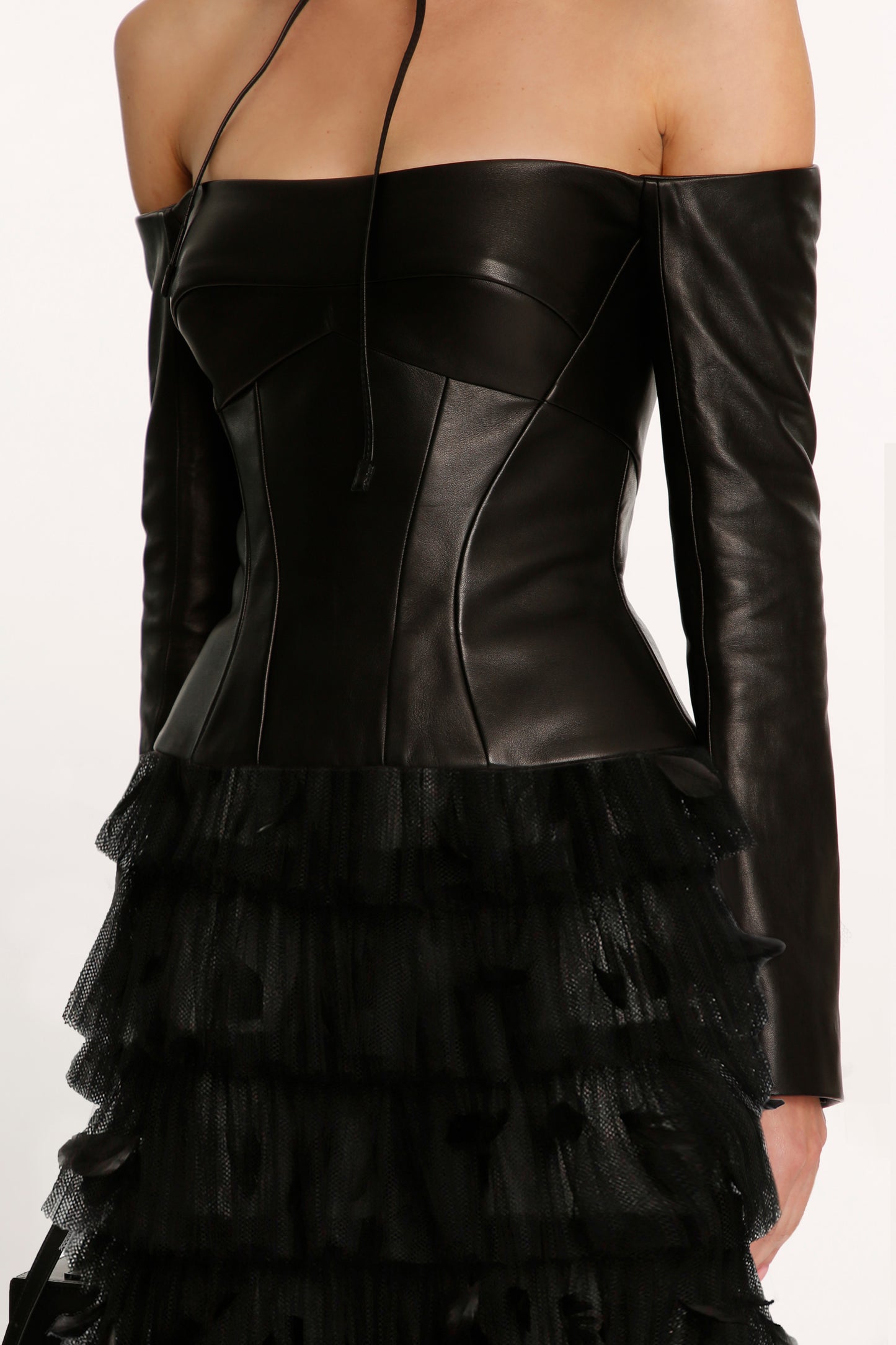 Black Leather Corset Off-Shoulder Jacket