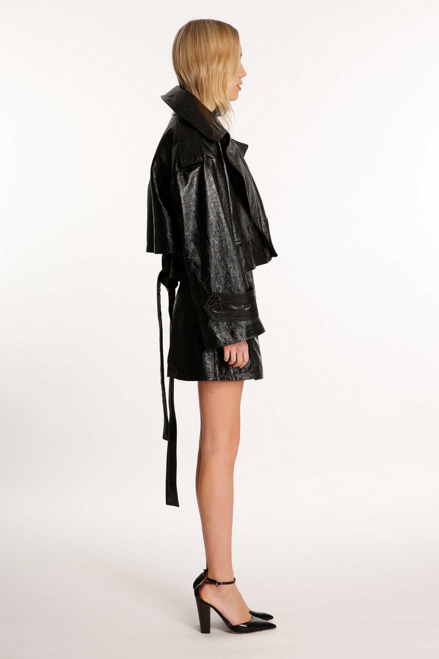 Black Cropped Leather Trench Jacket