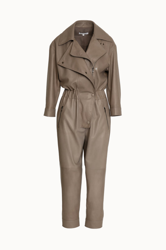 Grey Asymmetric Zip-through Leather Jumpsuit