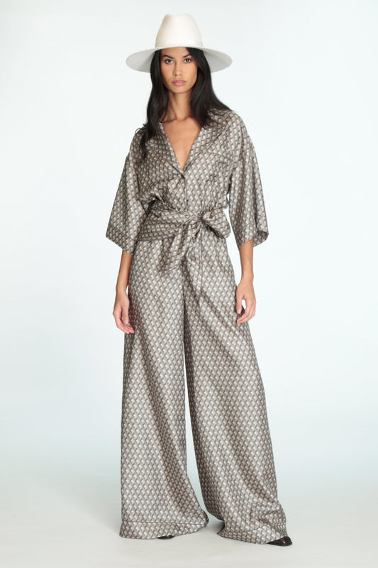 Grey Printed silk twill wide-leg jumpsuit