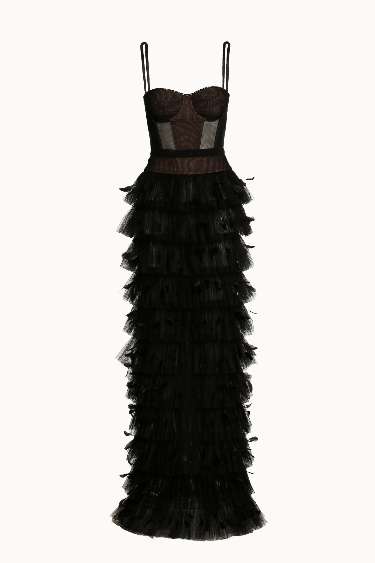 Black Tulle Feathered Corset Maxi Dress