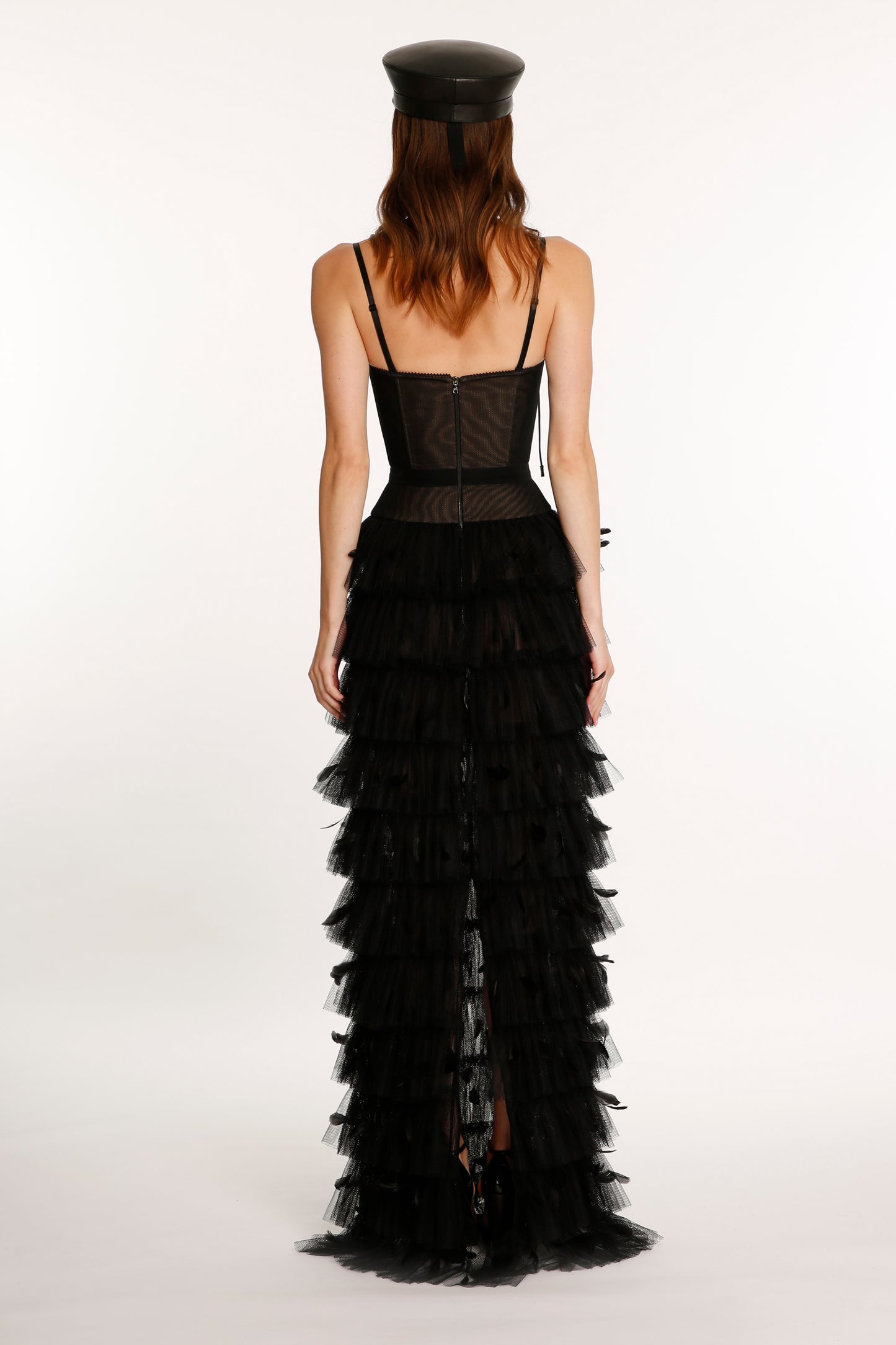 Black Tulle Feathered Corset Maxi Dress