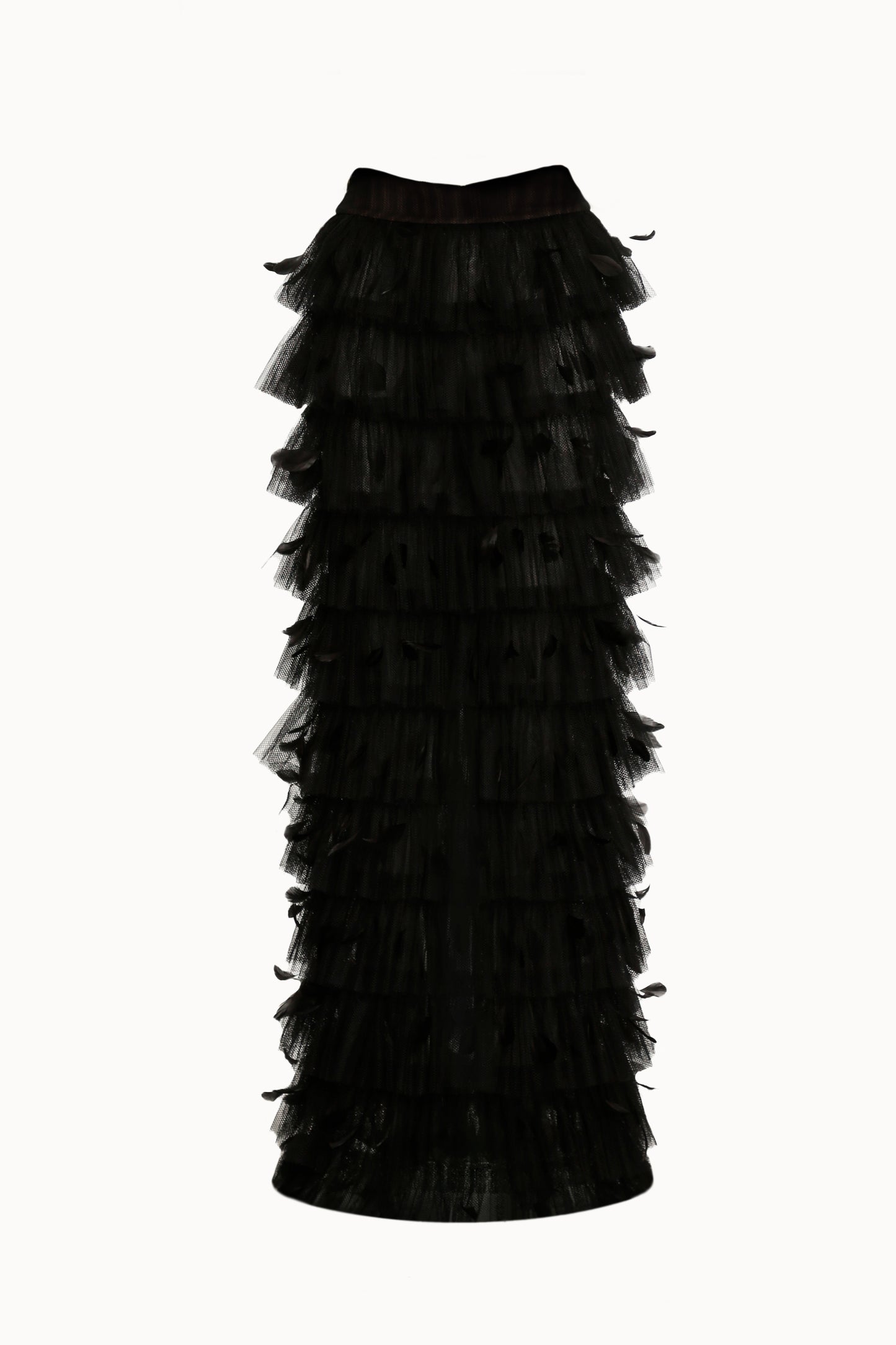Black Tulle Feathered Evening Maxi Skirt