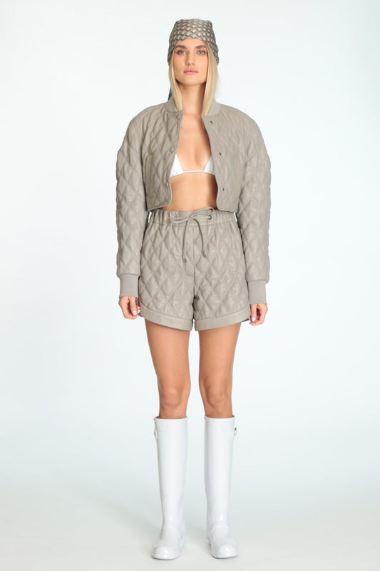 Pale Grey Quilted Leather Shorts
