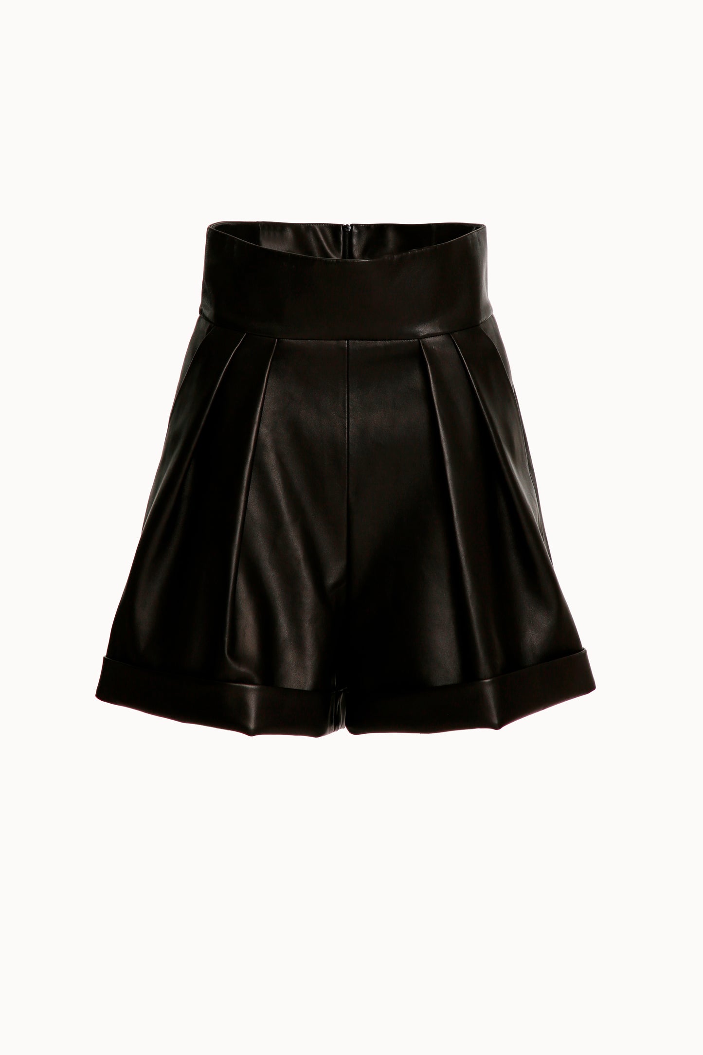 Black Leather Oversized Pleated Shorts